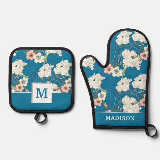 White Floral Garden Pattern Ovenwant & Pannenlap Set (Voorkant)