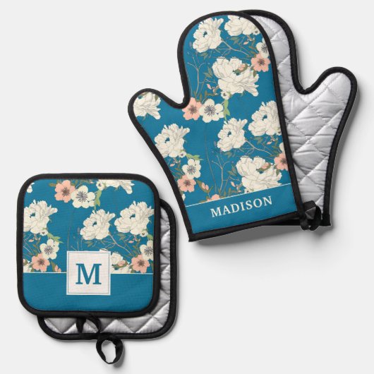 White Floral Garden Pattern Ovenwant & Pannenlap Set (Voorkant / Achterkant)