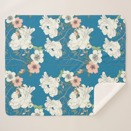 White Floral Garden Pattern Sherpa Deken (Voorkant (horizontaal))