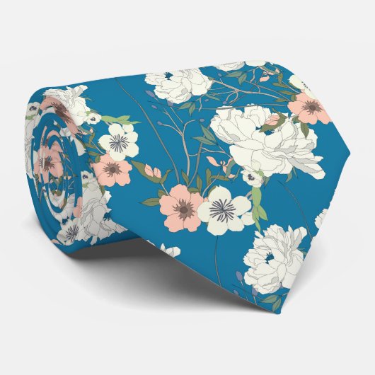 White Floral Garden Pattern Stropdas (Opgerold)