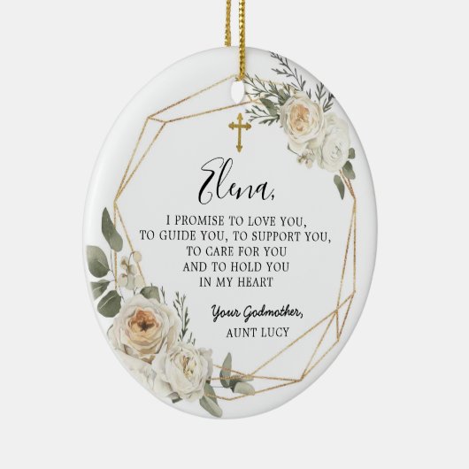 White Floral Geometric Godmoeder Promise Gift Cera Keramisch Ornament (Rechts)