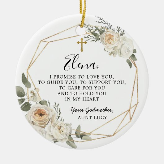 White Floral Geometric Godmoeder Promise Gift Cera Keramisch Ornament (Voorkant)