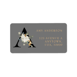 White Floral Gold Accents Monogram A Etiket