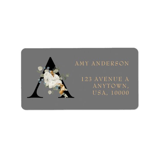 White Floral Gold Accents Monogram A Etiket (Voorkant)