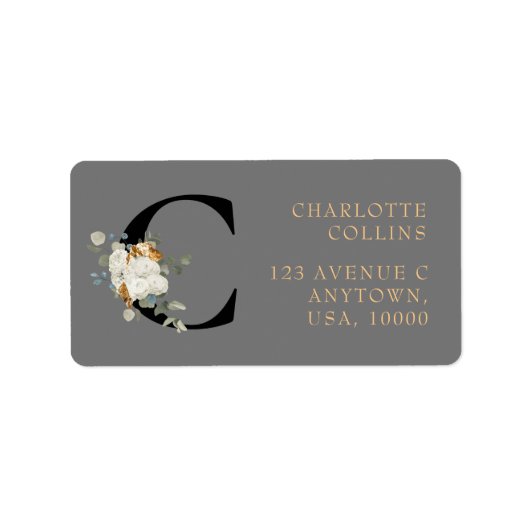 White Floral Gold Accents Monogram C Etiket (Voorkant)