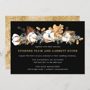 White Floral Gold Autumn Leaves Wedding Kaart