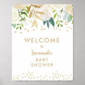 White Floral Gold Baby shower Welkomstteken Poster (Voorkant)
