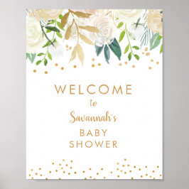 White Floral Gold Baby shower Welkomstteken Poster