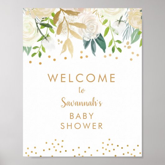 White Floral Gold Baby shower Welkomstteken Poster (Voorkant)