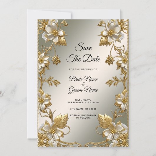 White Floral Gold  Bewaar de datum Save The Date (Voorkant)