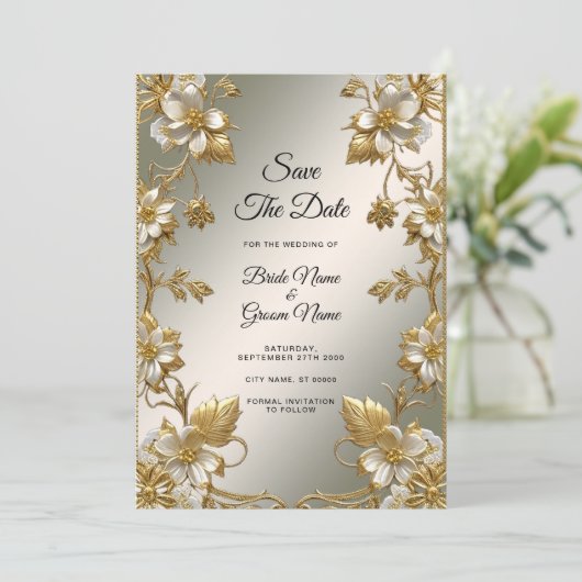 White Floral Gold  Bewaar de datum Save The Date (Staand voorkant)
