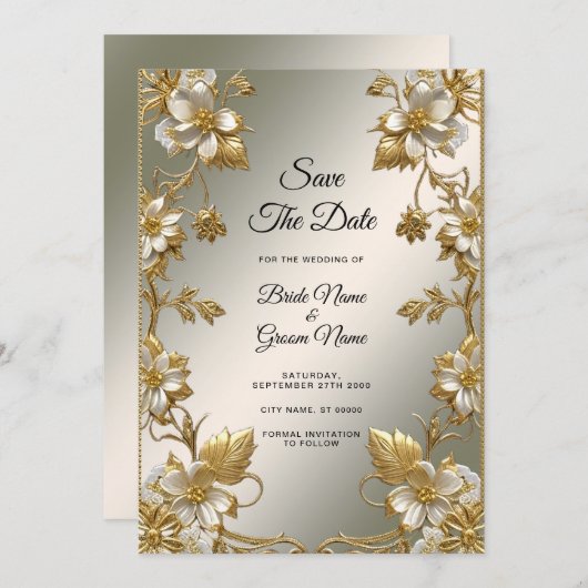 White Floral Gold  Bewaar de datum Save The Date (Voorkant / Achterkant)
