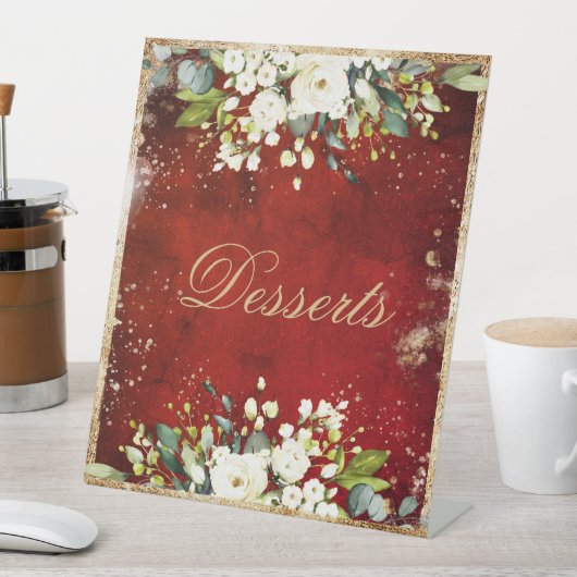 White Floral Gold Botanical Scarlet Red omhuld Reclamebord Met Voetstuk (Insitu)