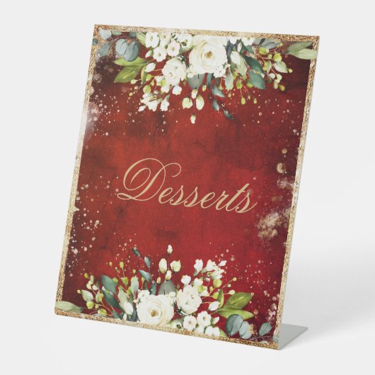 White Floral Gold Botanical Scarlet Red omhuld Reclamebord Met Voetstuk (Voorkant)