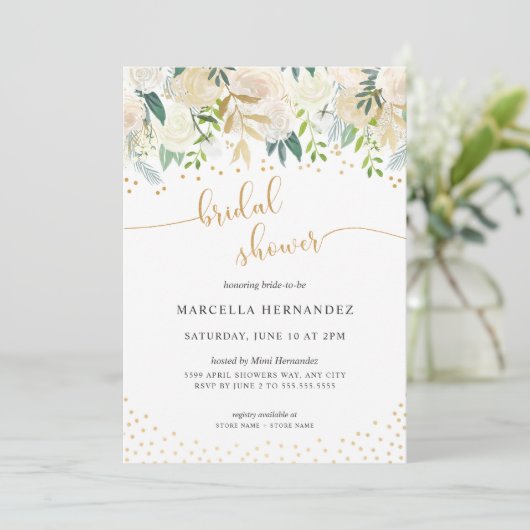 White Floral + Gold Bridal Shower Invitation Kaart (Staand voorkant)