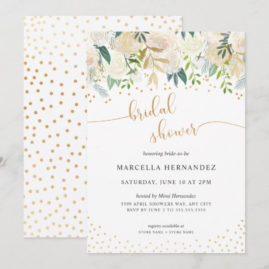 White Floral + Gold Bridal Shower Invitation Kaart (Voorkant / Achterkant)