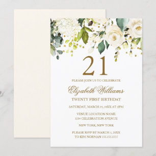 White Floral Gold Confetti 21st Birthday Kaart
