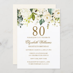 White Floral Gold Confetti 80th Birthday Kaart
