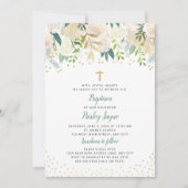 White Floral Gold Confetti Baptism-uitnodiging Kaart (Voorkant)
