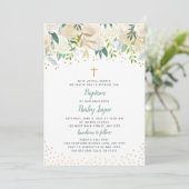 White Floral Gold Confetti Baptism-uitnodiging Kaart (Staand voorkant)