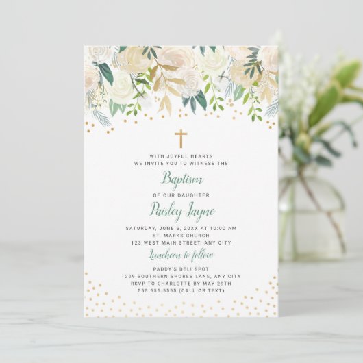 White Floral Gold Confetti Baptism-uitnodiging Kaart (Staand voorkant)