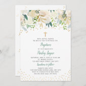 White Floral Gold Confetti Baptism-uitnodiging Kaart (Voorkant / Achterkant)