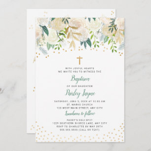 White Floral Gold Confetti Baptism-uitnodiging Kaart