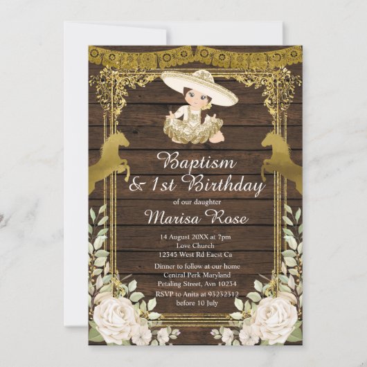 White Floral Gold Fiesta Girl Baptism Christening Kaart (Voorkant)