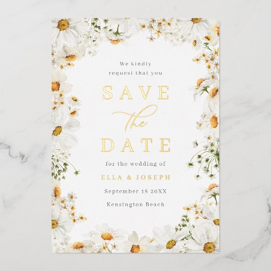 White Floral & Gold Foil Wedding Save The Date Folie Uitnodiging (Voorkant)