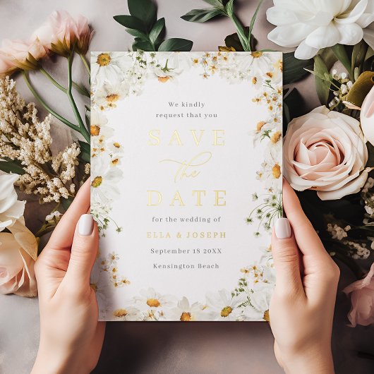 White Floral & Gold Foil Wedding Save The Date Folie Uitnodiging