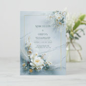 White Floral Gold Frame Marble Texture Wedding Kaart (Staand voorkant)