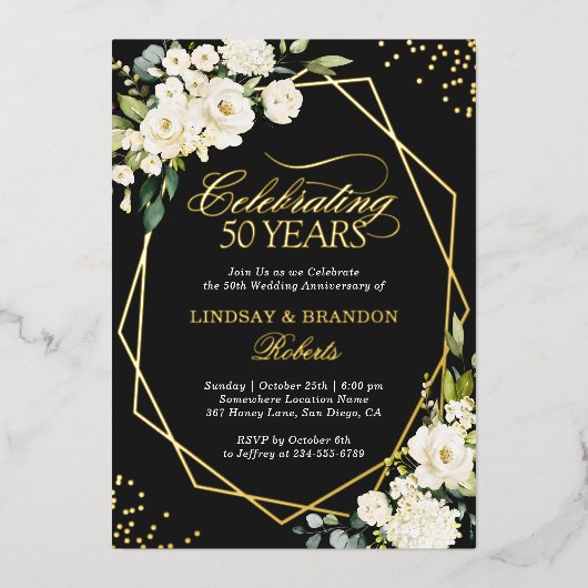 White Floral Gold Geometric Wedding Jubileum Folie Uitnodiging (Voorkant)