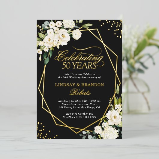 White Floral Gold Geometric Wedding Jubileum Folie Uitnodiging (Staand Voorkant)
