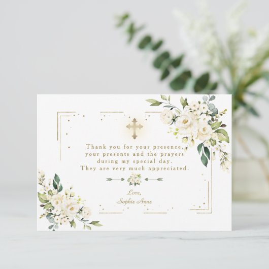 White Floral Gold Glitter Lijst Cross Girl Baptism Bedankkaart (Staand voorkant)