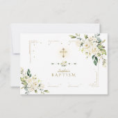 White Floral Gold Glitter Lijst Cross Girl Baptism Bedankkaart (Achterkant)
