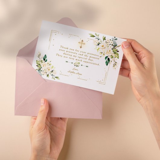 White Floral Gold Glitter Lijst Cross Girl Baptism Bedankkaart