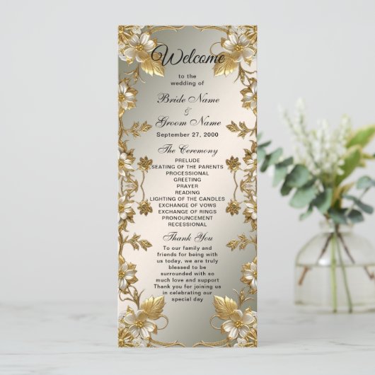 White Floral Gold  huwelijksprogramma Programmakaart (Staand voorkant)
