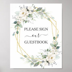 White floral gold lijst bruiloft guestbook-bord poster