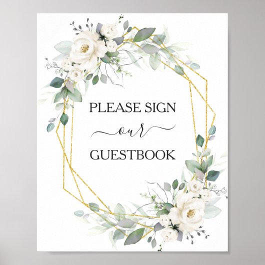 White floral gold lijst bruiloft guestbook-bord poster (Voorkant)