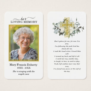 White Floral Gold Photo Funeral Prayer Card Visitekaartje