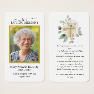 White Floral Gold Photo Funeral Prayer Card Visitekaartje