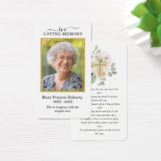 White Floral Gold Photo Funeral Prayer Card Visitekaartje (Bureau)
