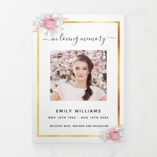 White floral gold phototri-vouwbegrafenisprogramma drieluik aankondiging (Cover)