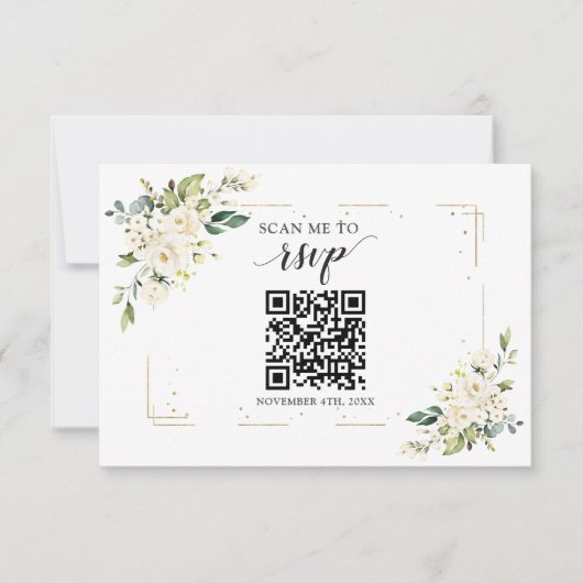 White Floral Gold QR Code Voeg je URL Weddenschap  RSVP Kaartje (Voorkant)