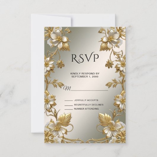White Floral Gold  RSVP-kaart RSVP Kaartje (Voorkant)