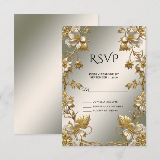 White Floral Gold  RSVP-kaart RSVP Kaartje (Voorkant / Achterkant)