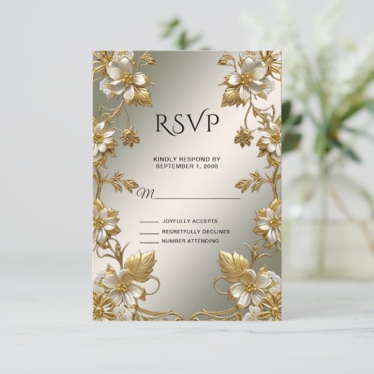 White Floral Gold  RSVP-kaart RSVP Kaartje (Staand voorkant)
