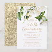 White Floral Gold Shimmer 50th Wedding Jubileum Kaart (Voorkant / Achterkant)