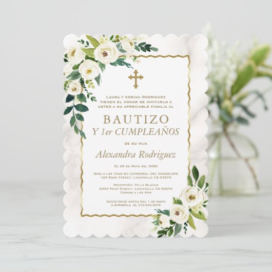 White Floral Gold Spain 1st Birthday Baptisme Kaart (Staand voorkant)