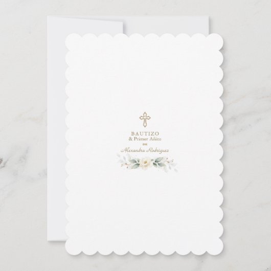 White Floral Gold Spain 1st Birthday Baptisme  Kaart (Achterkant)